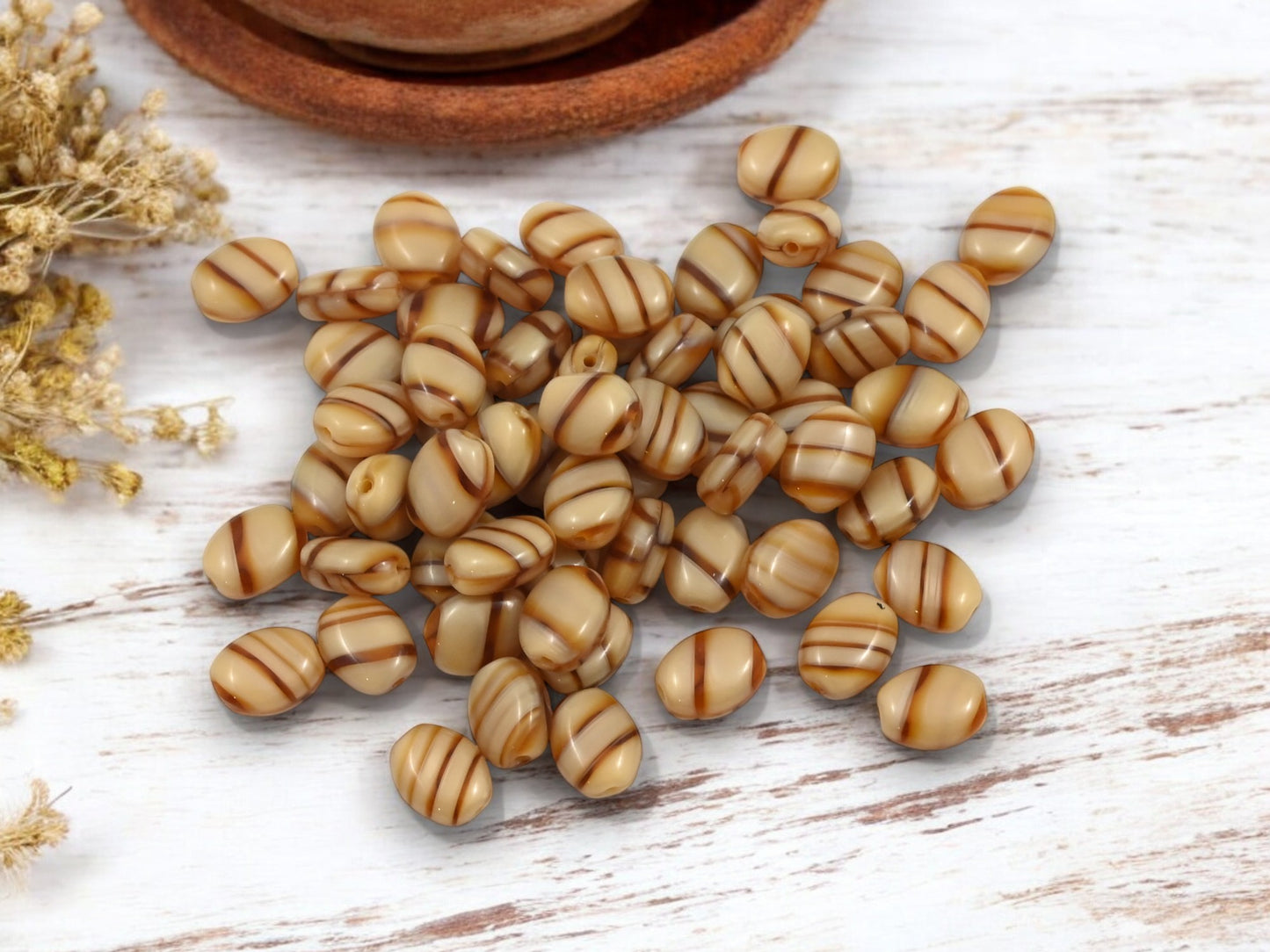 *50* 8x6mm Striped Coffee Beige Flat Oval Beads