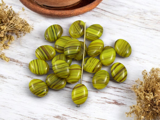 *50* 12x9mm Yellow + Black Striped Flat Oval Beads
