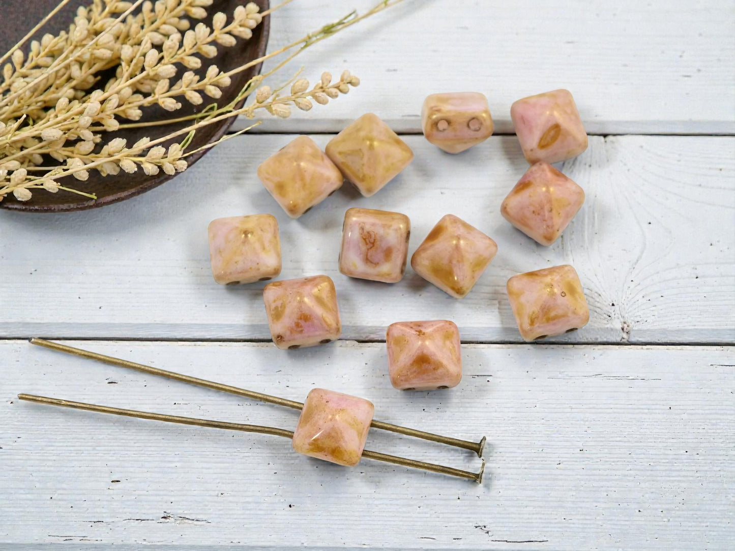 *12* 8mm Rose Gold Picasso 2 Hole Pyramid Stud Beads