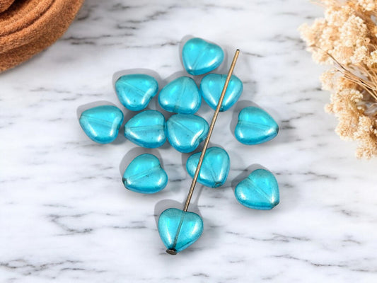 *25* 10mm Aquamrine Luster Heart Beads