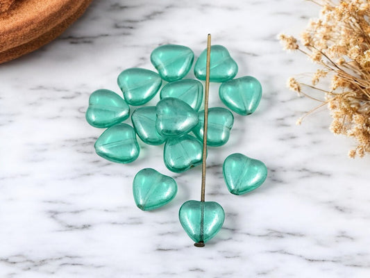 *25* 10mm Teal Luster Heart Beads