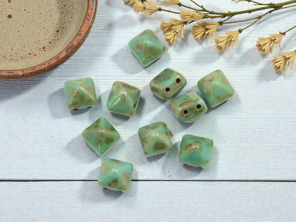 *10* 8mm Turquoise Bronze Picasso 2 Hole Pyramid Stud Beads