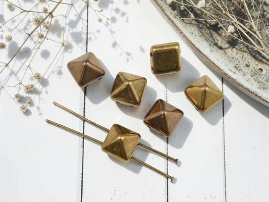 *6* 12mm Metallic Bronze 2 Hole Pyramid Stud Beads