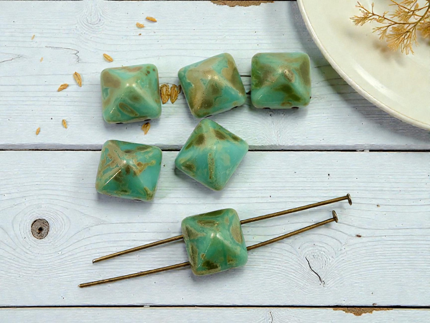 *6* 12mm Turquoise Bronze Picasso 2 Hole Pyramid Stud Beads