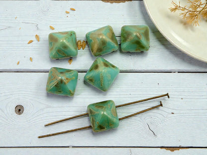 *6* 12mm Turquoise Bronze Picasso 2 Hole Pyramid Stud Beads