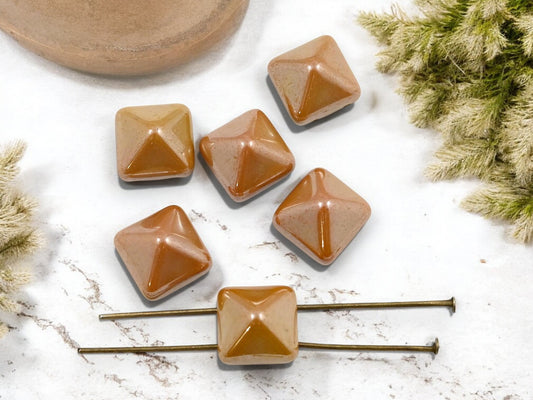 *6* 12mm Spicy Mustard Luster 2 Hole Pyramid Stud Beads