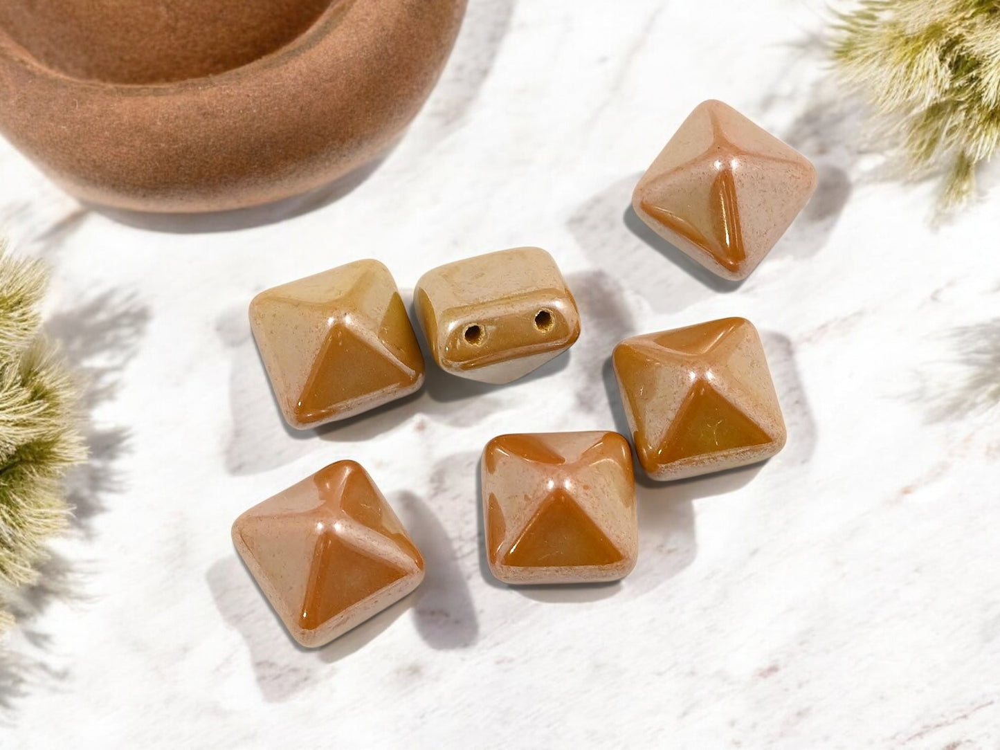 *6* 12mm Spicy Mustard Luster 2 Hole Pyramid Stud Beads