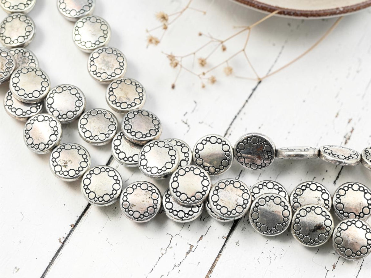 *17* 12mm Antique Silver Beveled Flat Disc Beads