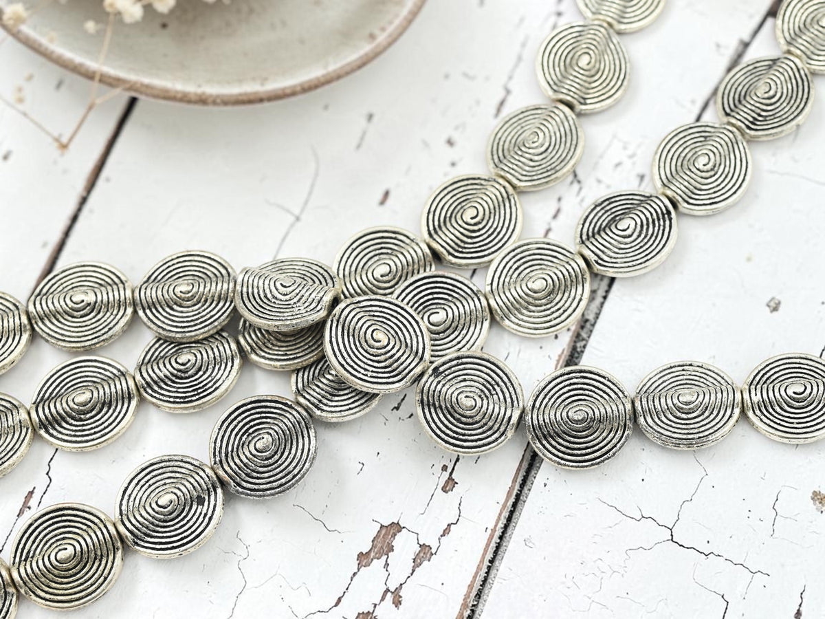 *13* 15mm Antique Silver Tribal Spiral Disc Beads