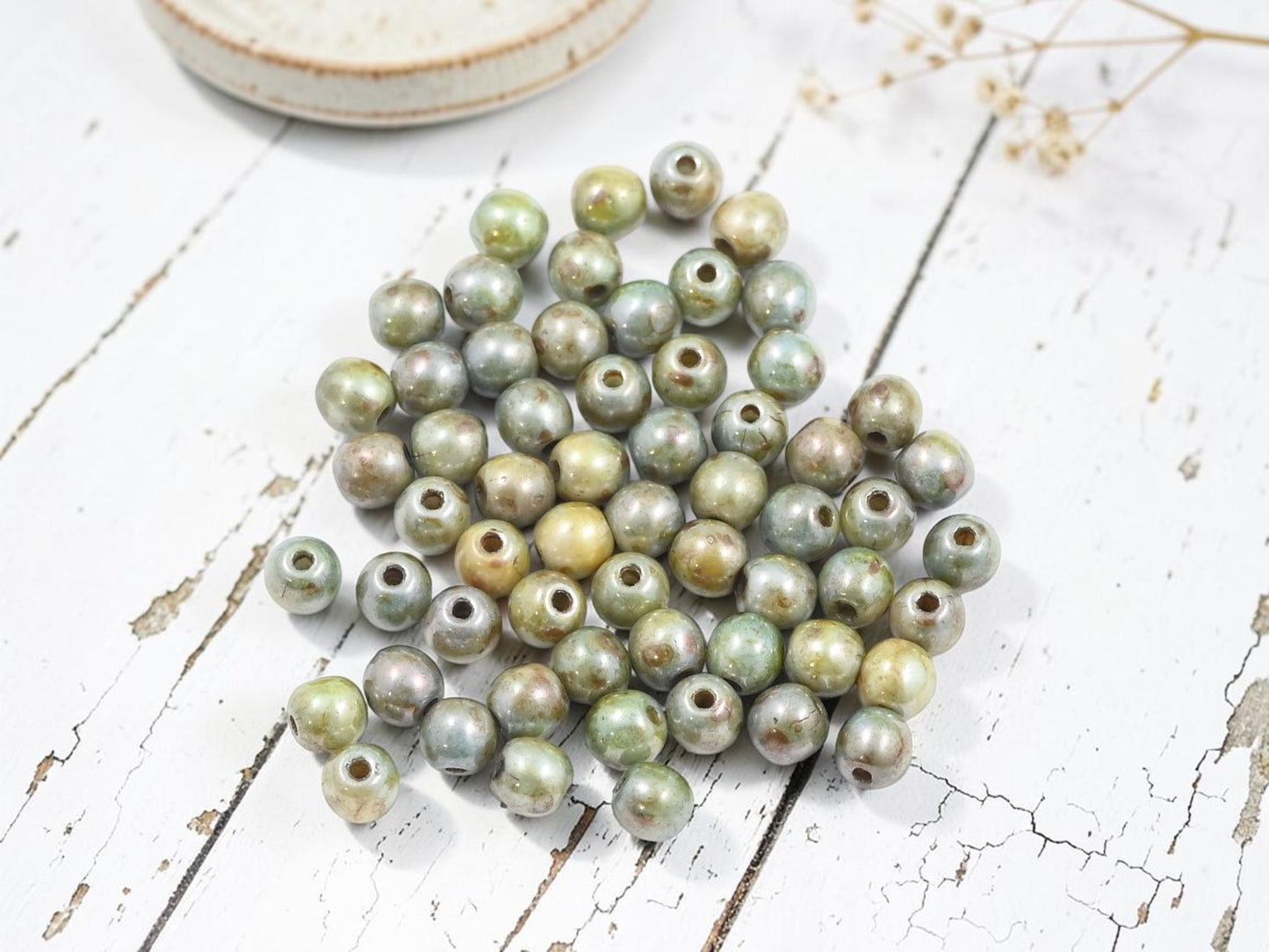 *100* 4mm Opaque Green Luster Picasso Round Druk Beads