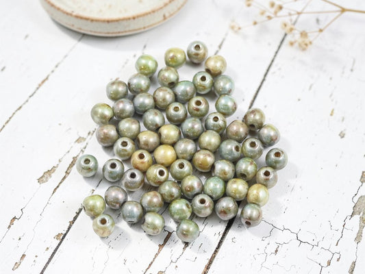 *100* 4mm Opaque Green Luster Picasso Round Druk Beads