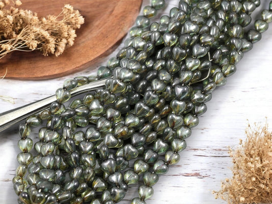 *50* 6mm Bottle Green Luster Picasso Heart Beads