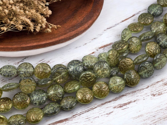 *15* 13mm  Olive Green Celsian Paisley Button Beads