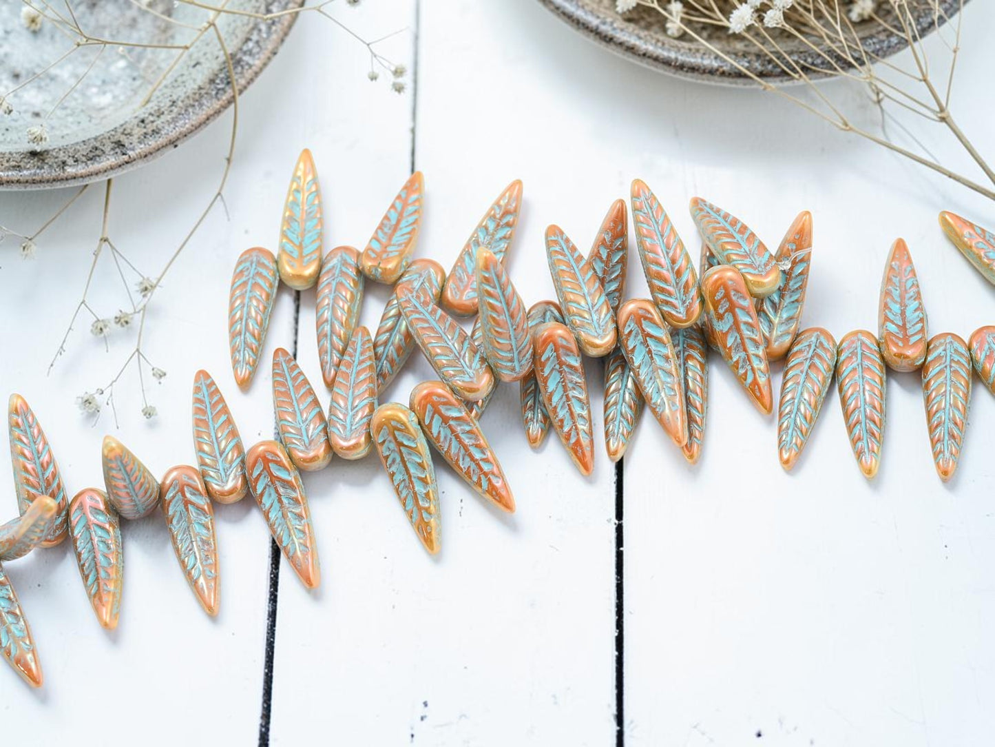 *20* 17x5mm Turquoise Washed Orange Celsian Luster Feather Dagger Beads