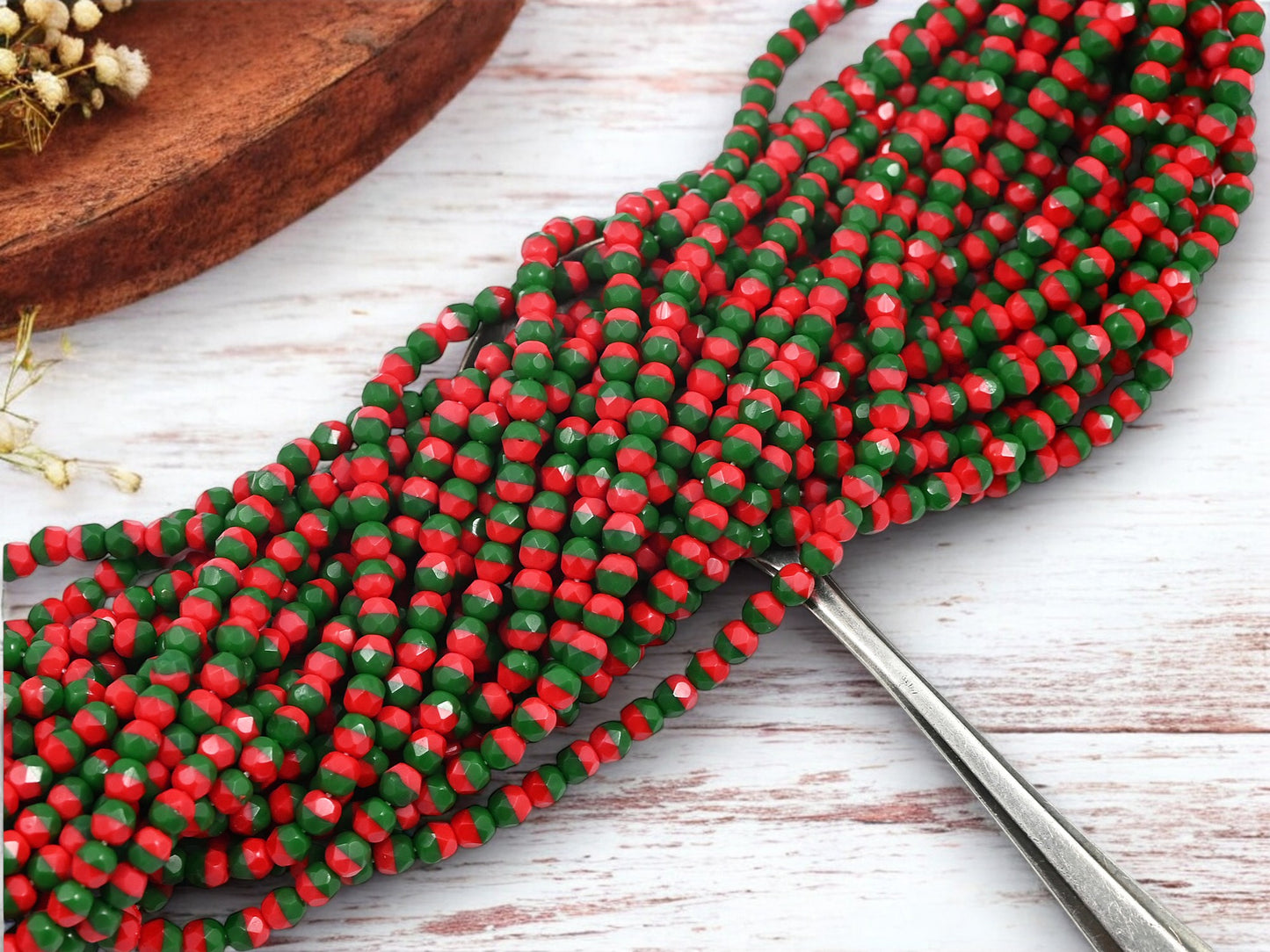 *50* 4mm Blended Red + Green Fire Polished Round Beads