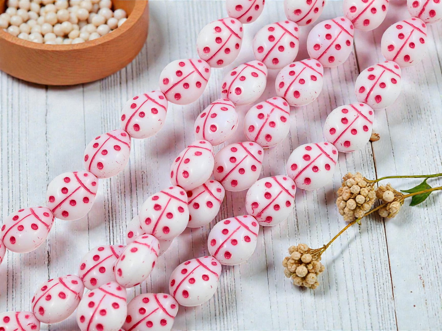 *15* 11x13mm Pink Washed Opaque White Ladybug Beads