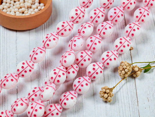 *15* 11x13mm Pink Washed Opaque White Ladybug Beads