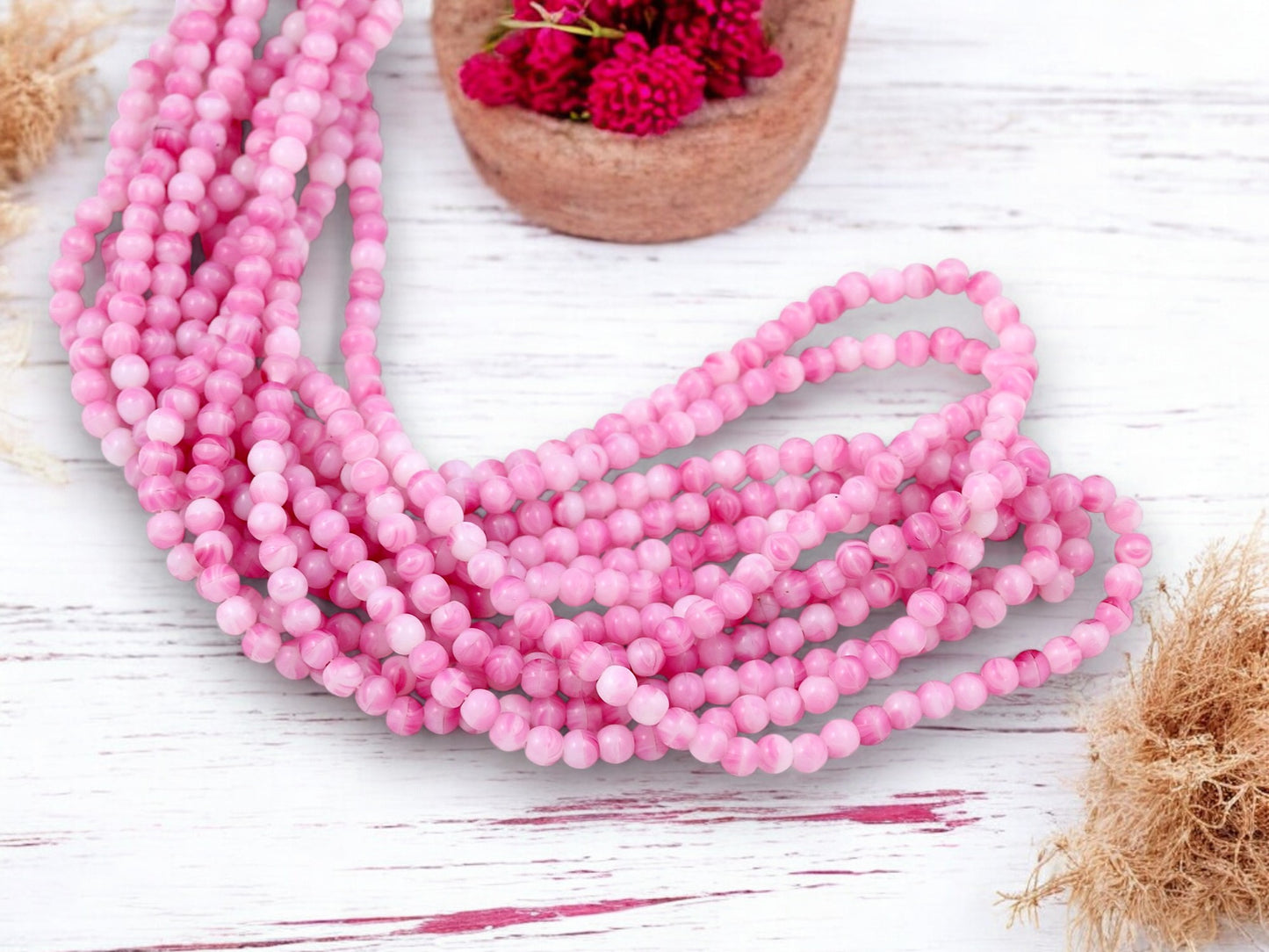 *100* 4mm Blended Pink + White Round Druk Beads