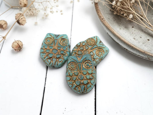 *3* 18x15mm Bronze Washed Aqua Blue Opaline Owl Beads -- LAST Pack