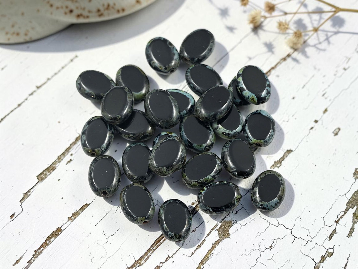 *24* 9x12mm Jet Picasso Table Cut Oval Beads