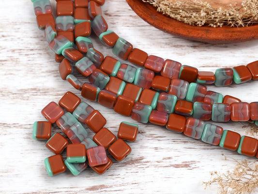 *25* 9mm Blended Umber + Turquoise Flat Square Beads