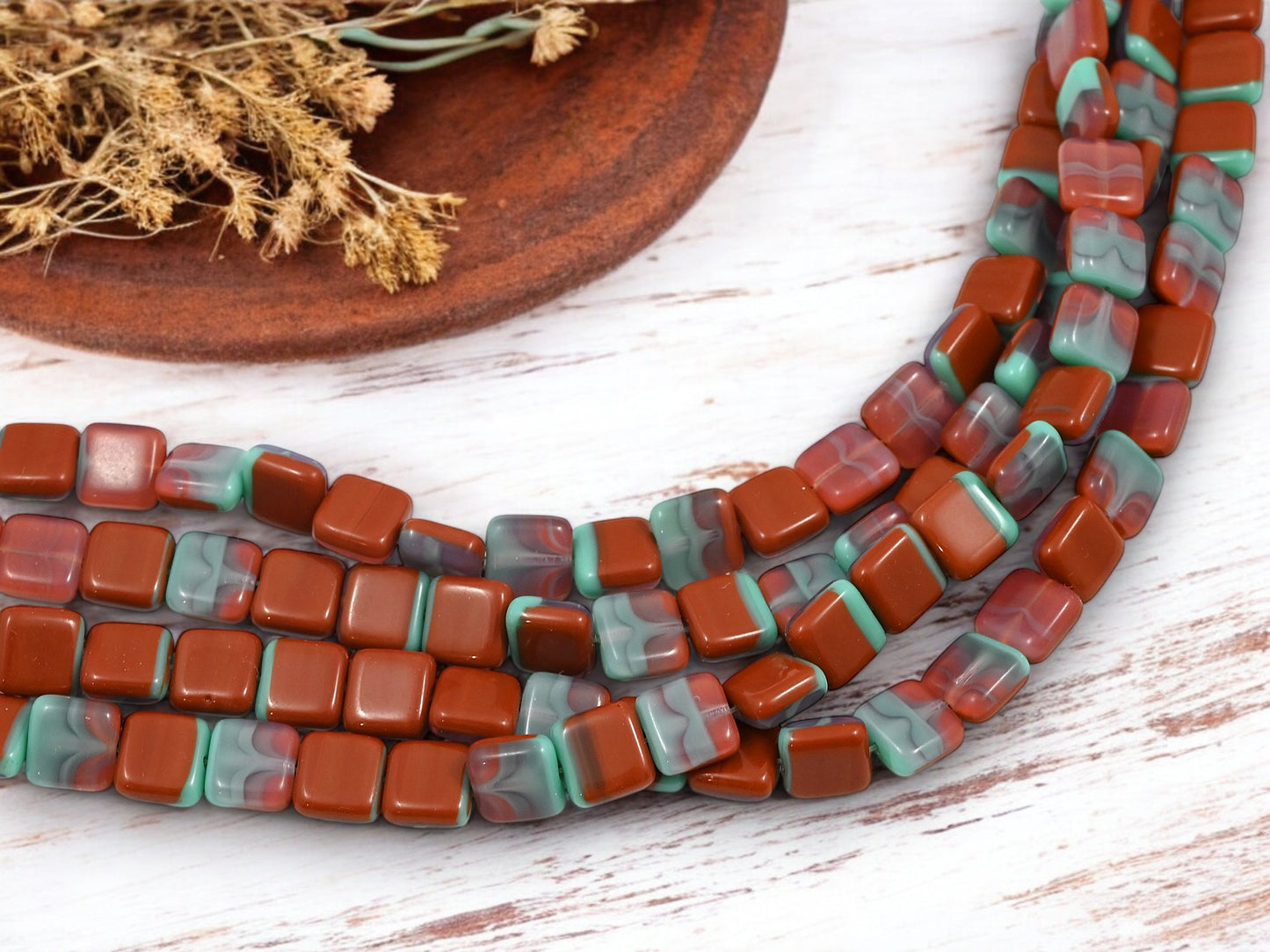 *25* 9mm Blended Umber + Turquoise Flat Square Beads