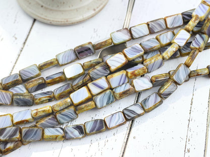 *16* 12x8mm Purple + White Picasso Striped Table Cut Rectangle Beads