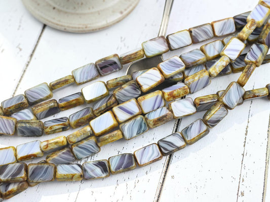 *16* 12x8mm Purple + White Picasso Striped Table Cut Rectangle Beads
