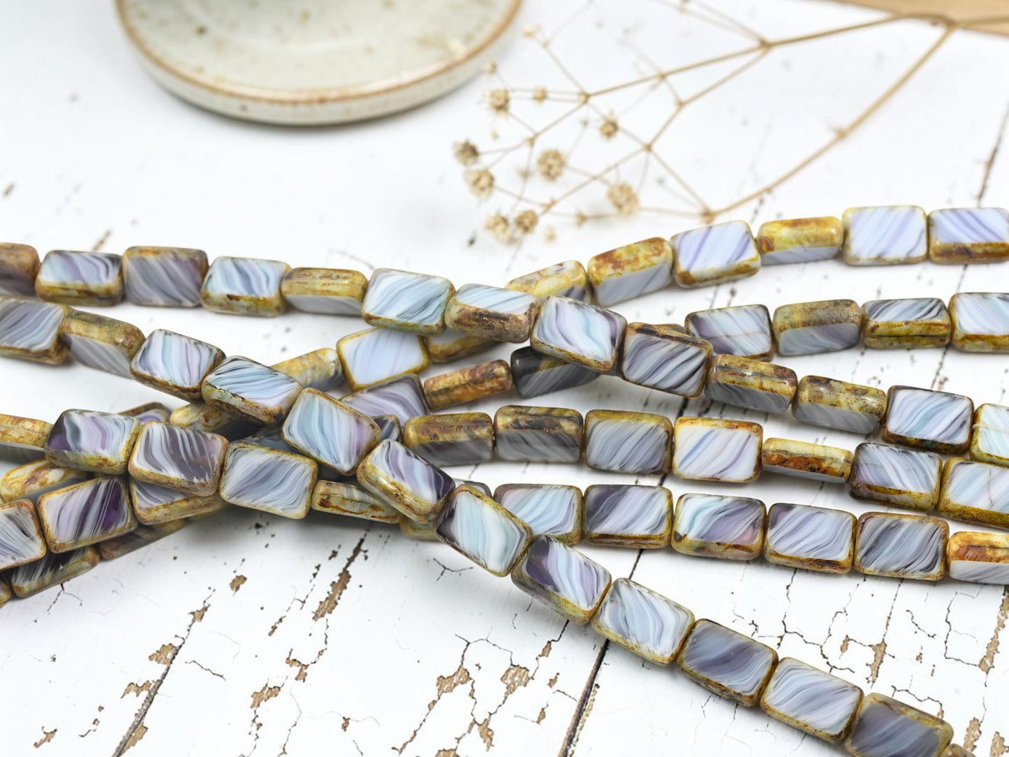 *16* 12x8mm Purple + White Picasso Striped Table Cut Rectangle Beads