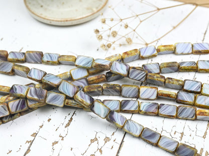 *16* 12x8mm Purple + White Picasso Striped Table Cut Rectangle Beads