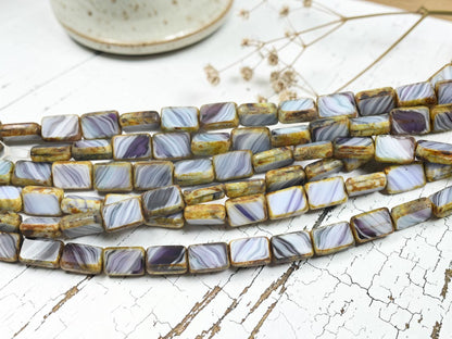 *16* 12x8mm Purple + White Picasso Striped Table Cut Rectangle Beads