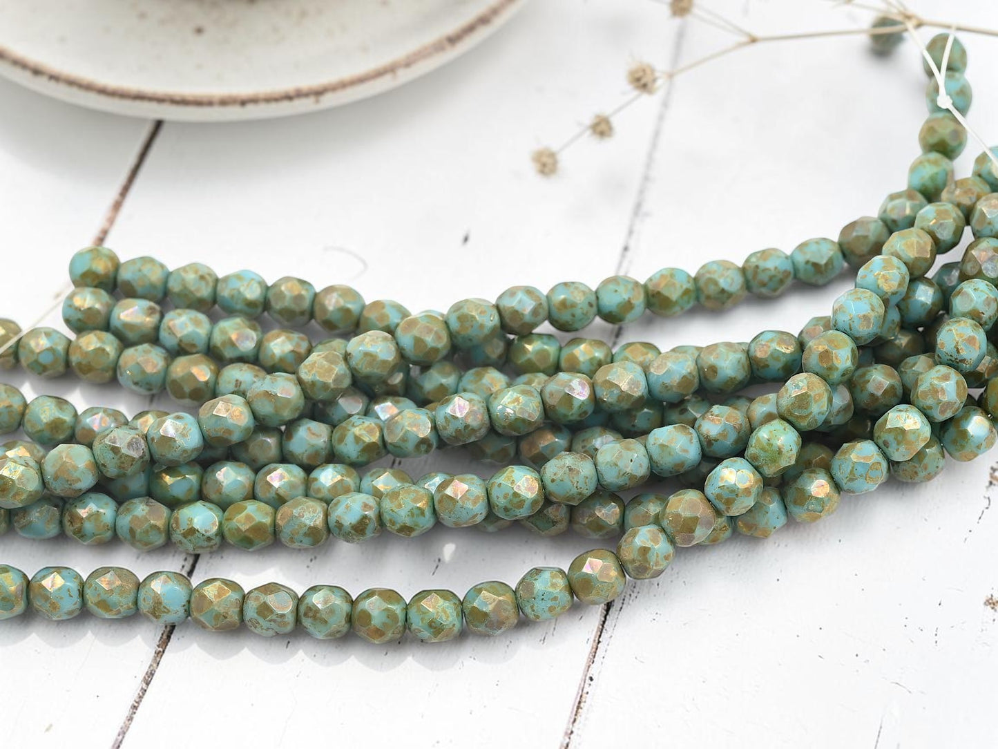 *25* 6mm Blue Turquoise Picasso Luster Fire Polished Round Beads