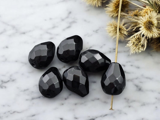 *15* 12x9mm Jet Black Fire Polished Faceted Teardrop Beads