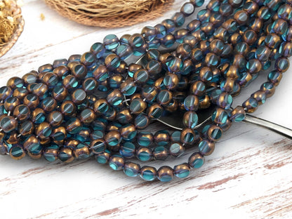 *25* 6mm Bronze Washed Aqua 3 Sided Round Beads