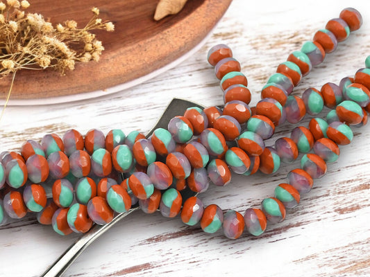 *25* 6x8mm Blended Umber Brown + Turquoise Fire Polished Rondelle Beads