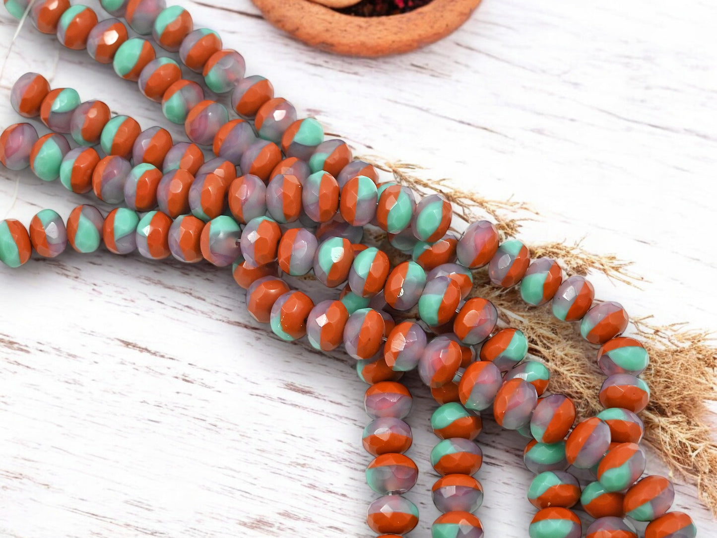 *25* 6x8mm Blended Umber Brown + Turquoise Fire Polished Rondelle Beads