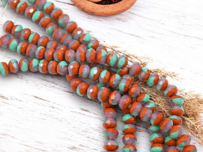 *25* 6x8mm Blended Umber Brown + Turquoise Fire Polished Rondelle Beads