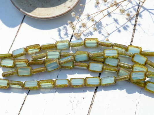 *13* 12x8mm Aqua Opaline Picasso Table Cut Rectangle Beads