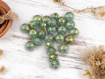 *25* 6x8mm Gold Washed Green Aqua Fire Polished Rondelle Beads