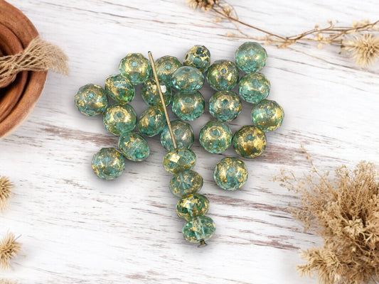 *25* 6x8mm Gold Washed Green Aqua Fire Polished Rondelle Beads