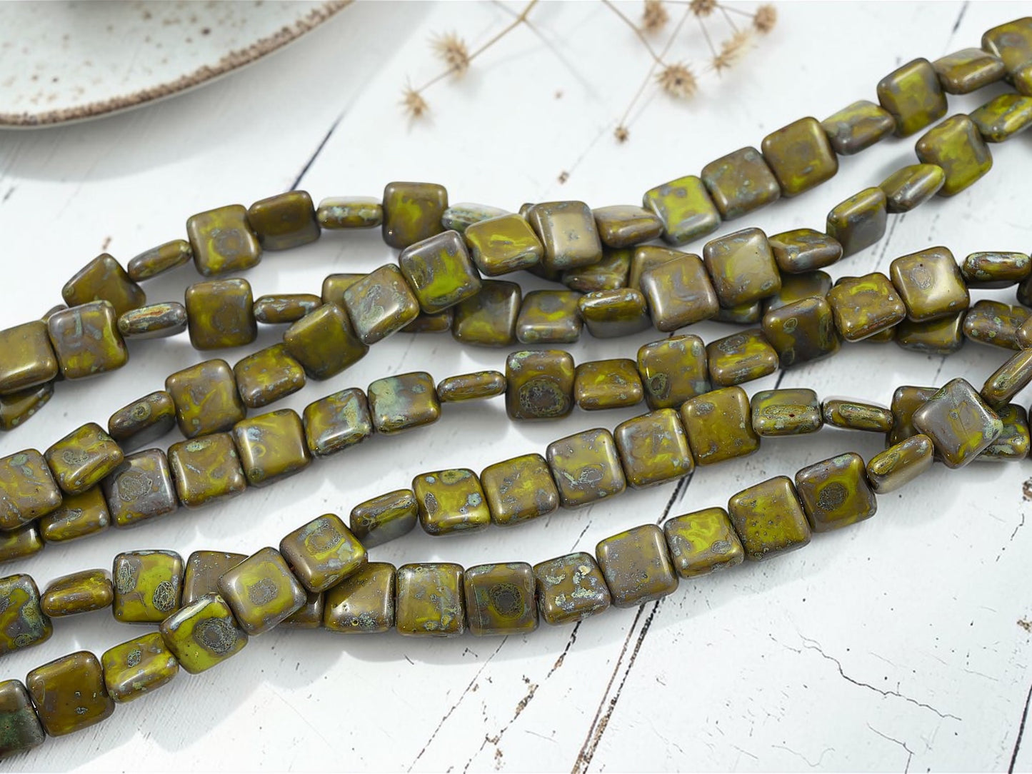 *22* 9mm Opaque Chartreuse Travertine Beveled Square Beads