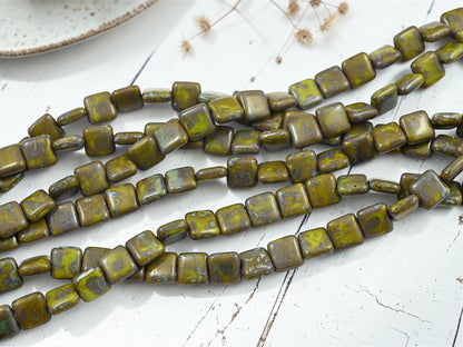 *22* 9mm Opaque Chartreuse Travertine Beveled Square Beads