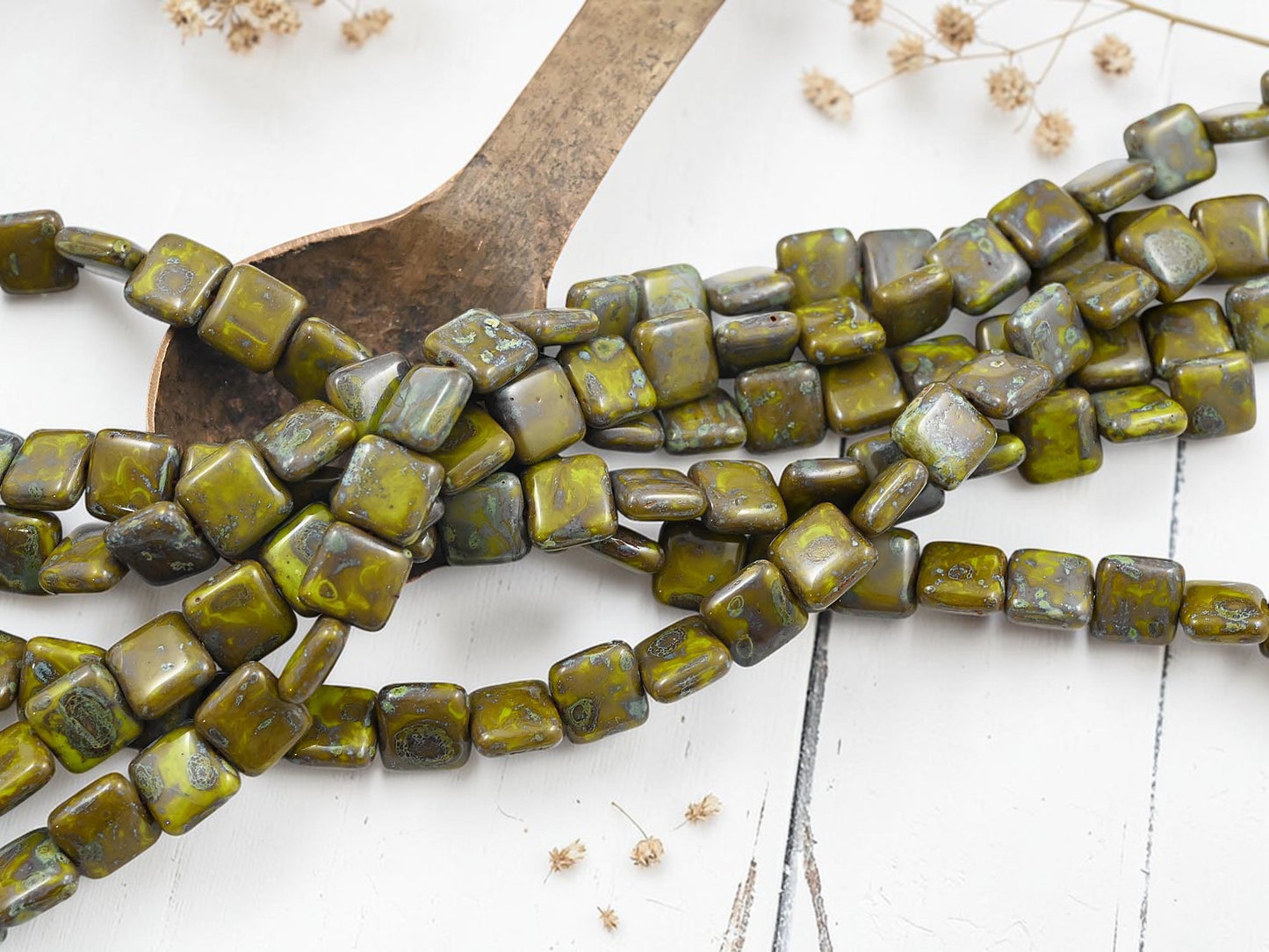 *22* 9mm Opaque Chartreuse Travertine Beveled Square Beads