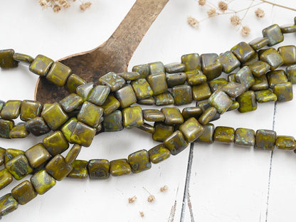 *22* 9mm Opaque Chartreuse Travertine Beveled Square Beads