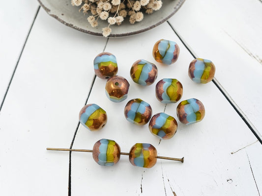 *12* 10mm Bronze Washed Blended Blue Turquoise Goldenrod Cathedral Barrel Beads