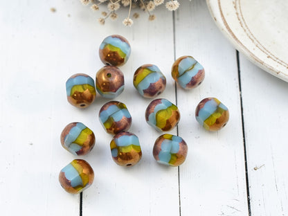 *12* 10mm Bronze Washed Blended Blue Turquoise Goldenrod Cathedral Barrel Beads