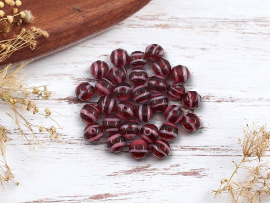 *25* 6x9mm Striped Cranberry Fire Polished Rondelle Beads