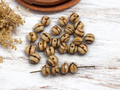 *25* 6x8mm Striped Opaque Beige Coffee Fire Polished Rondelle Beads
