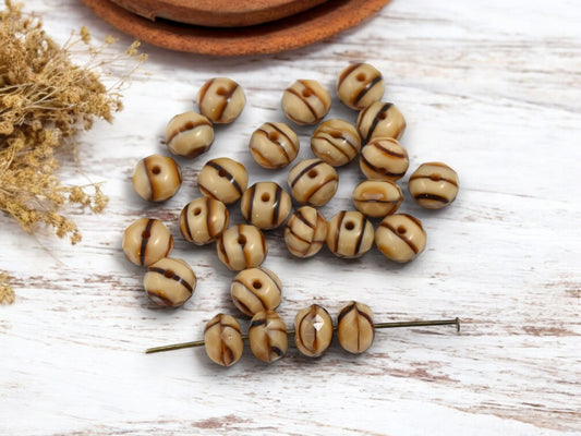 *25* 6x8mm Striped Opaque Beige Coffee Fire Polished Rondelle Beads