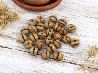 *25* 6x8mm Striped Opaque Beige Coffee Fire Polished Rondelle Beads